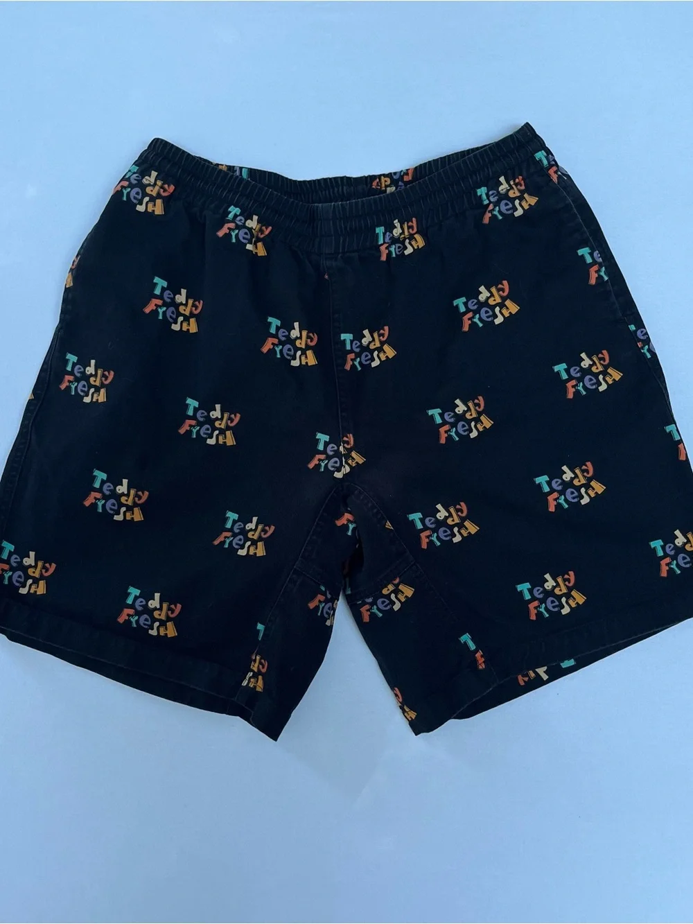 Teddy Fresh Men Retro Logo Black Camp Shorts Pockets Elastic Waist Size M Cotton